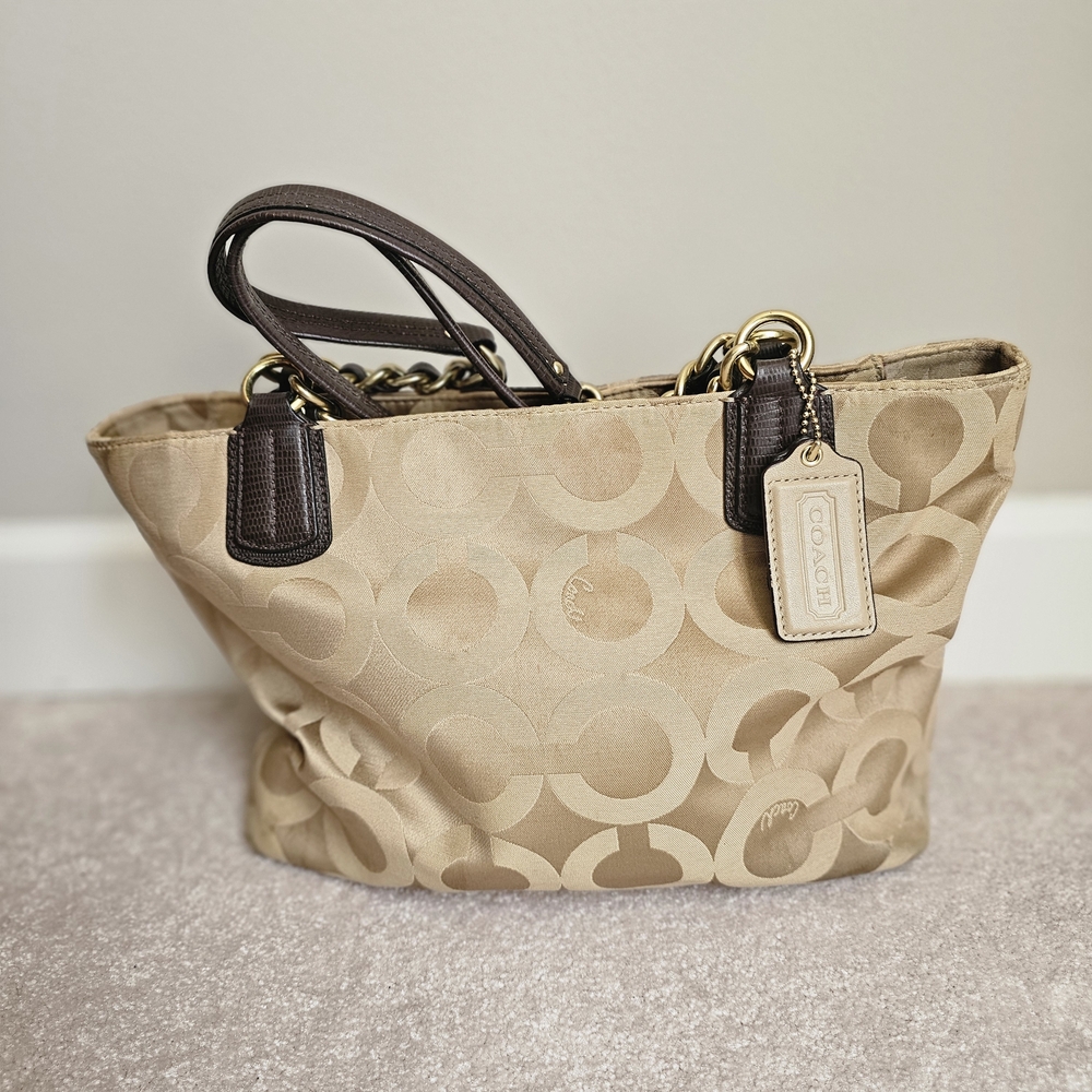 Coach Signature Tote Khaki Brown Leather Trim Chain Straps - Picture 2 of 10